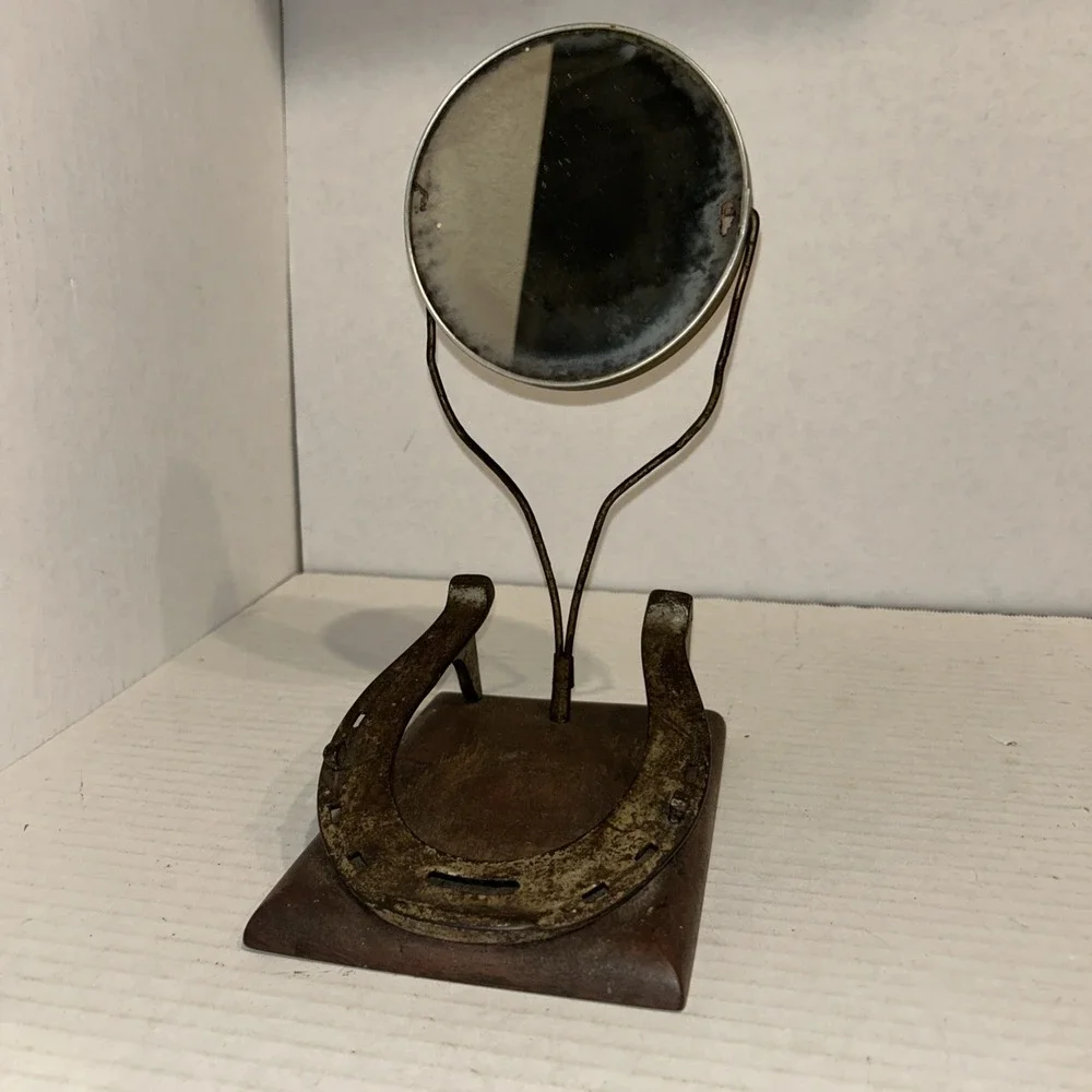 Vintage Desk Mirror Lucky Horseshoe Home‎ Decor Shelf Piece Metal & Wood